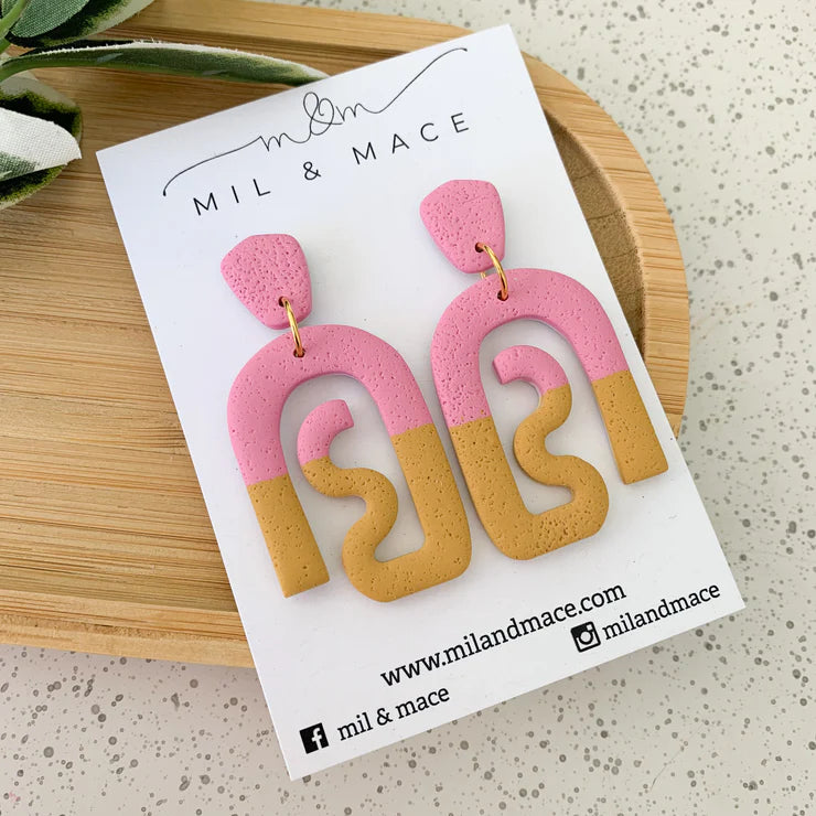 Mil & Mace Stella Squiggle Earrings - Pink & Mustard